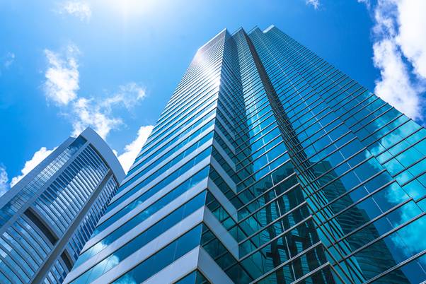 Skyscrapers shown from view looking up